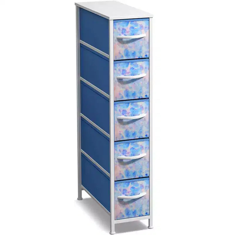 Cassettiera Stretta a 5 Cassetti con Telaio in Acciaio, Piano in Legno e Cesti in Tessuto – Vari Colori