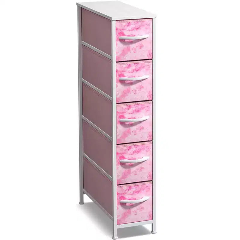 Cassettiera Stretta a 5 Cassetti con Telaio in Acciaio, Piano in Legno e Cesti in Tessuto – Vari Colori