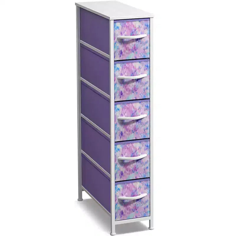 Cassettiera Stretta a 5 Cassetti con Telaio in Acciaio, Piano in Legno e Cesti in Tessuto – Vari Colori