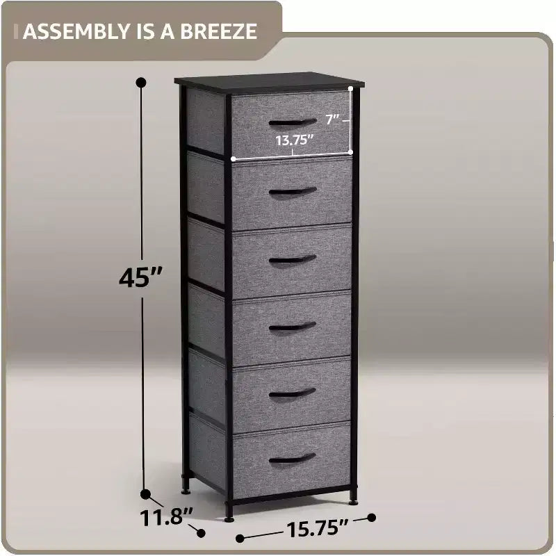 Comodino stretto a 6 cassetti con telaio in acciaio, piano in legno e contenitori in tessuto – Disponibile in vari colori