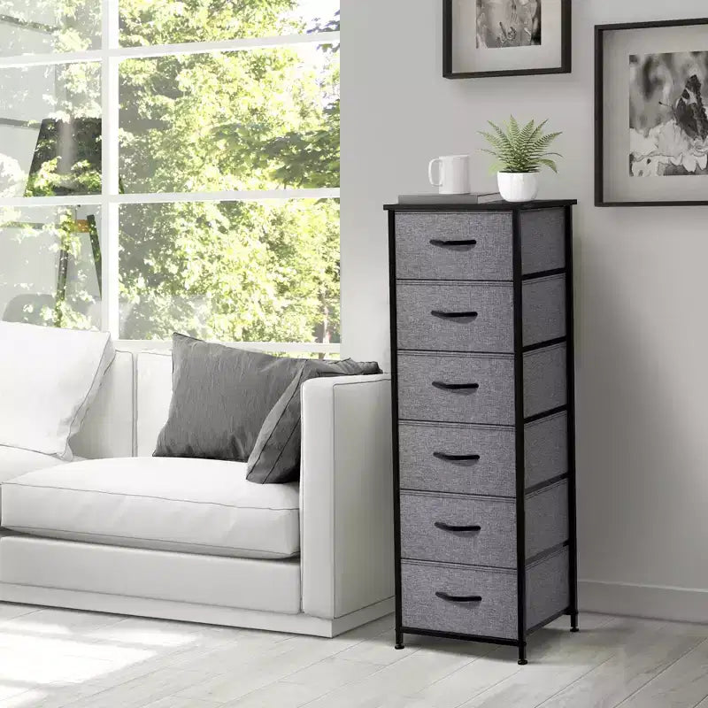 Comodino stretto a 6 cassetti con telaio in acciaio, piano in legno e contenitori in tessuto – Disponibile in vari colori