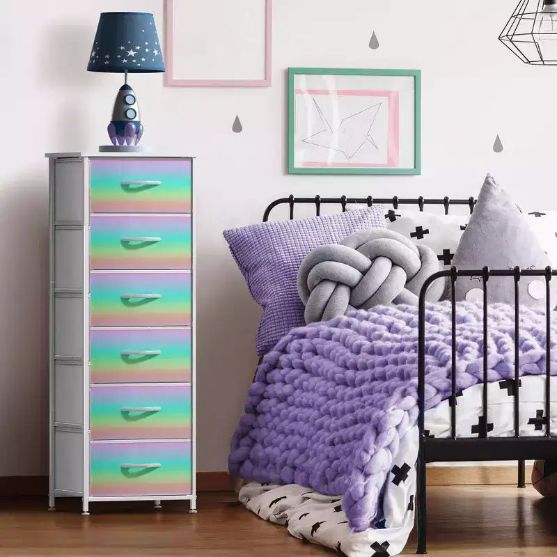 Comodino stretto a 6 cassetti con telaio in acciaio, piano in legno e contenitori in tessuto – Disponibile in vari colori