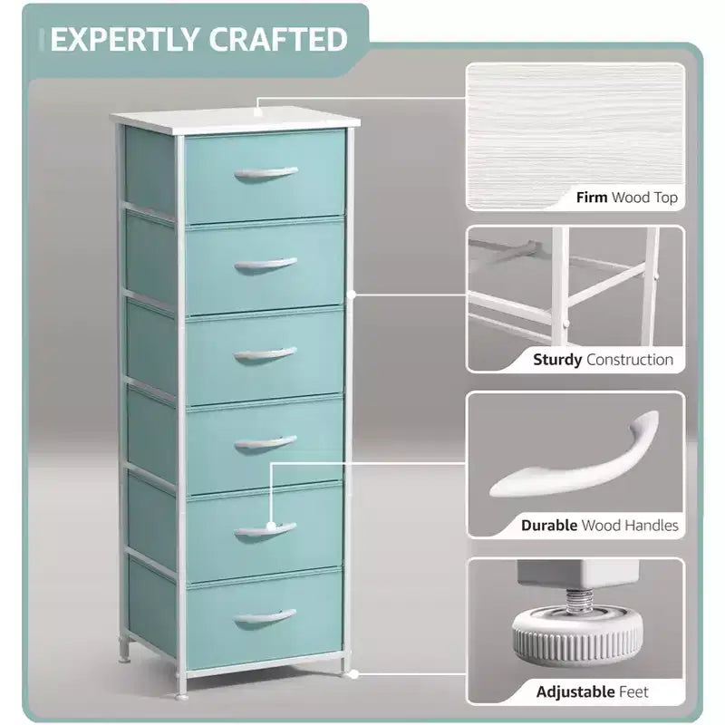 Comodino stretto a 6 cassetti con telaio in acciaio, piano in legno e contenitori in tessuto – Disponibile in vari colori