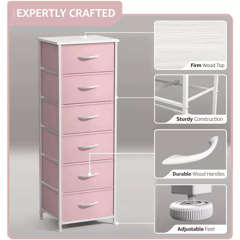 Comodino stretto a 6 cassetti con telaio in acciaio, piano in legno e contenitori in tessuto – Disponibile in vari colori