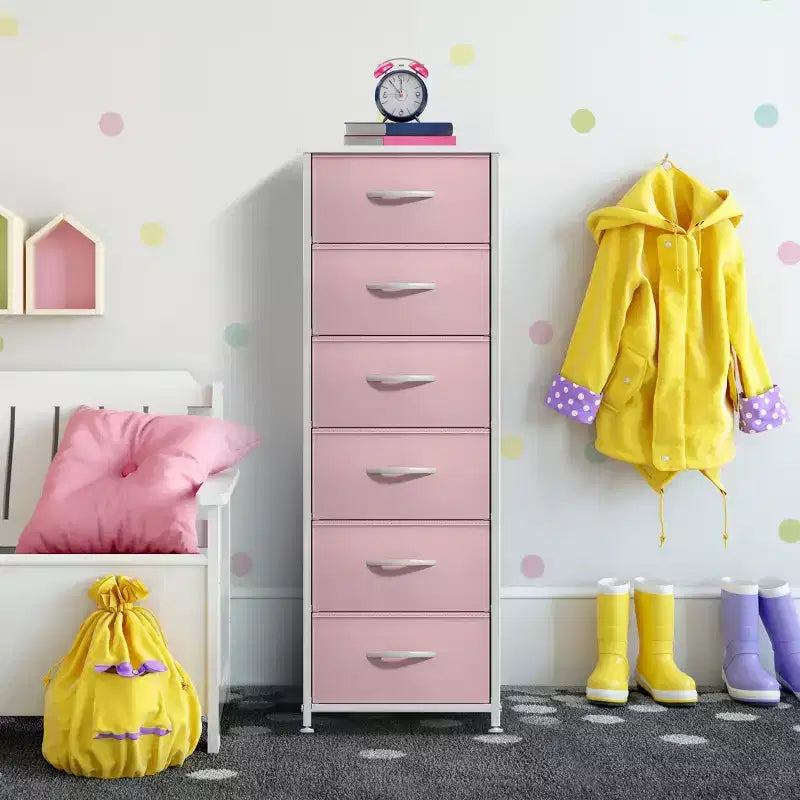 Comodino stretto a 6 cassetti con telaio in acciaio, piano in legno e contenitori in tessuto – Disponibile in vari colori