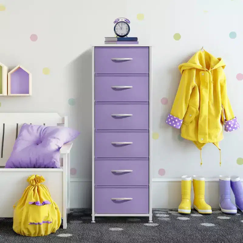 Comodino stretto a 6 cassetti con telaio in acciaio, piano in legno e contenitori in tessuto – Disponibile in vari colori