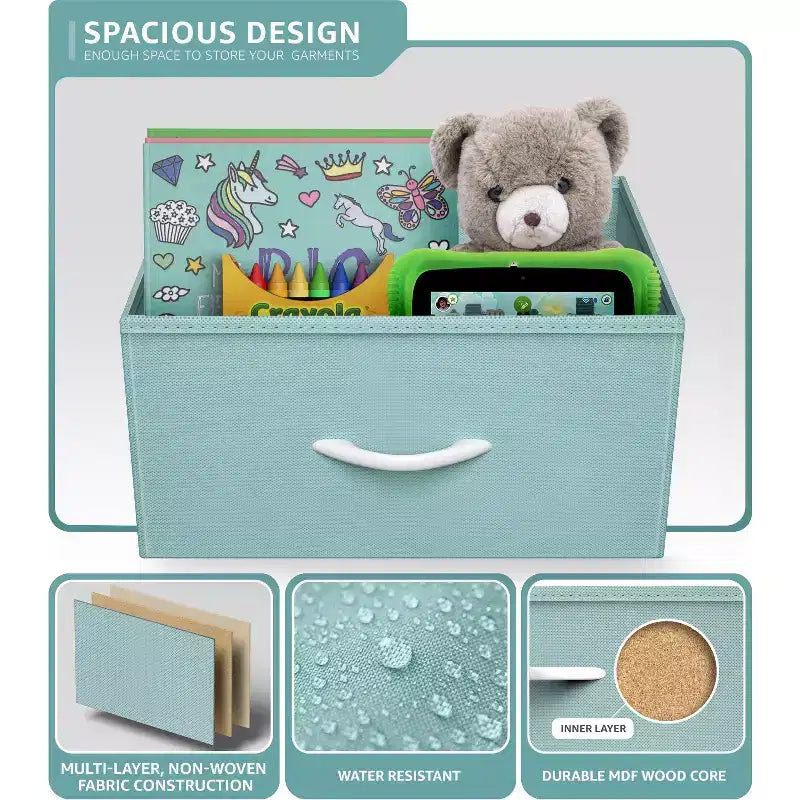 Comodino stretto a 6 cassetti con telaio in acciaio, piano in legno e contenitori in tessuto – Disponibile in vari colori