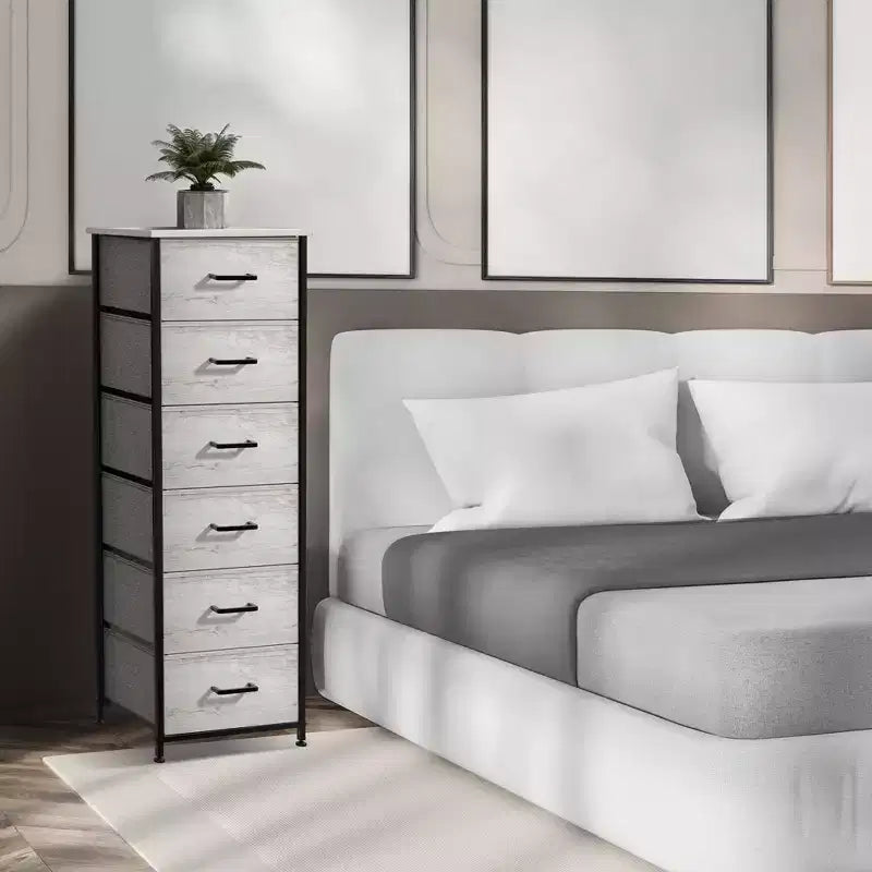 Comodino stretto a 6 cassetti con telaio in acciaio, piano in legno e contenitori in tessuto – Disponibile in vari colori