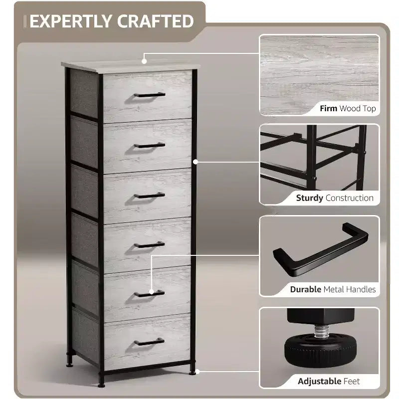 Comodino stretto a 6 cassetti con telaio in acciaio, piano in legno e contenitori in tessuto – Disponibile in vari colori