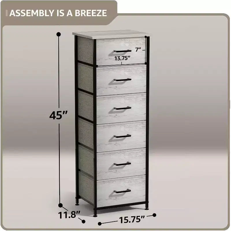 Comodino stretto a 6 cassetti con telaio in acciaio, piano in legno e contenitori in tessuto – Disponibile in vari colori