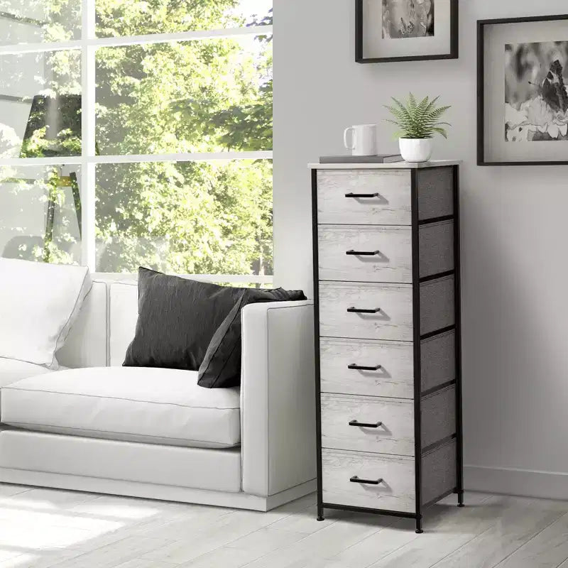 Comodino stretto a 6 cassetti con telaio in acciaio, piano in legno e contenitori in tessuto – Disponibile in vari colori