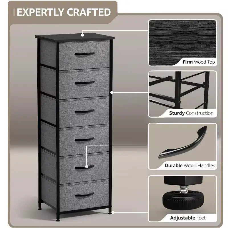 Comodino stretto a 6 cassetti con telaio in acciaio, piano in legno e contenitori in tessuto – Disponibile in vari colori
