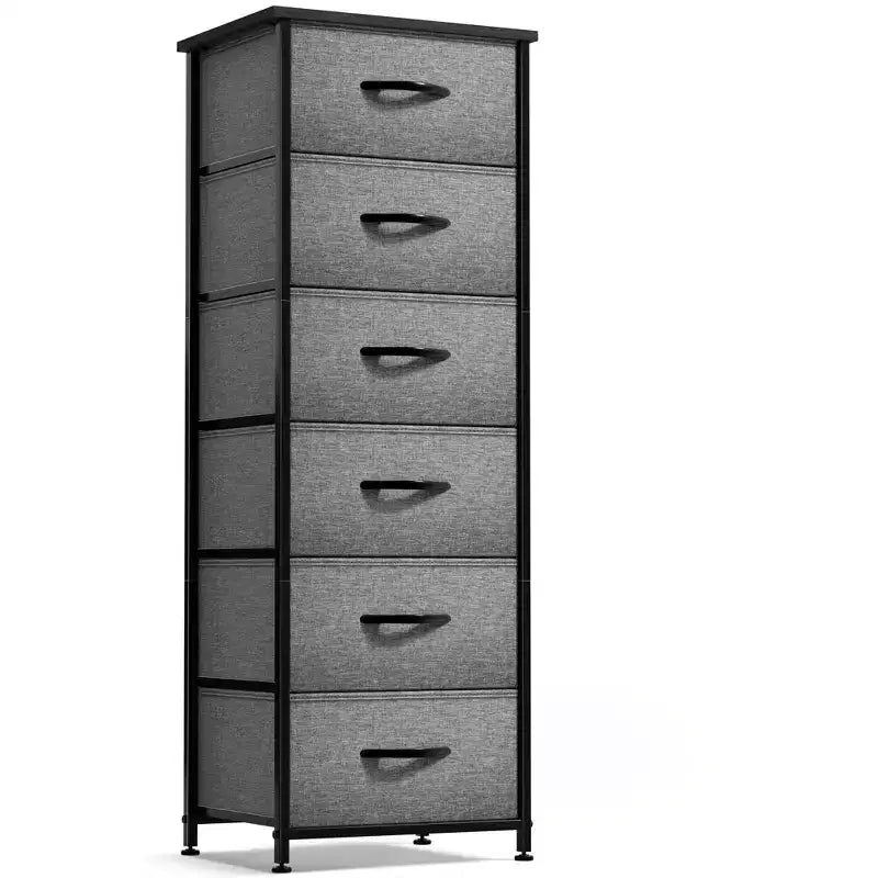 Comodino stretto a 6 cassetti con telaio in acciaio, piano in legno e contenitori in tessuto – Disponibile in vari colori