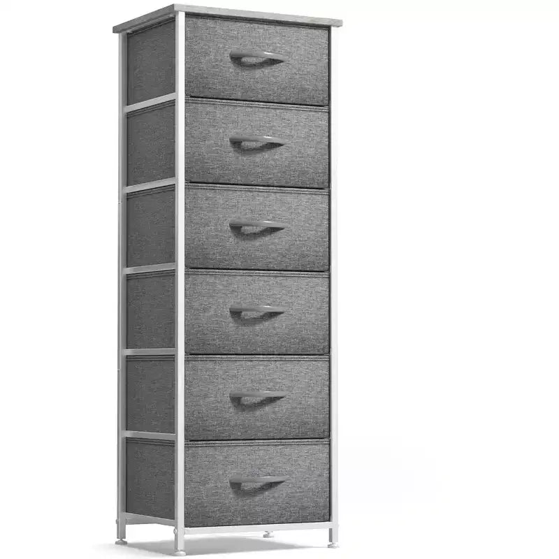 Comodino stretto a 6 cassetti con telaio in acciaio, piano in legno e contenitori in tessuto – Disponibile in vari colori