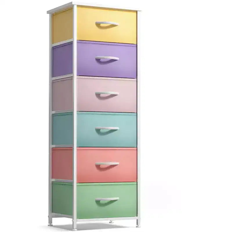 Comodino stretto a 6 cassetti con telaio in acciaio, piano in legno e contenitori in tessuto – Disponibile in vari colori