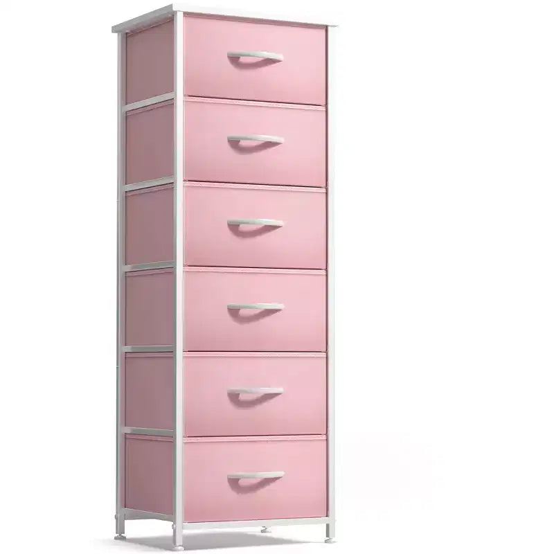Comodino stretto a 6 cassetti con telaio in acciaio, piano in legno e contenitori in tessuto – Disponibile in vari colori