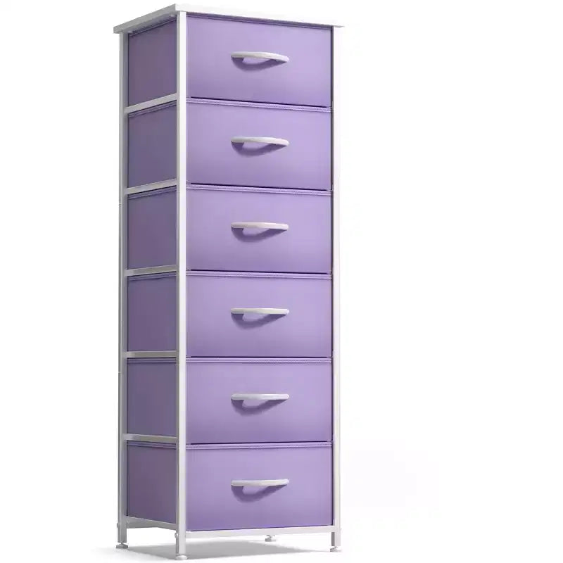 Comodino stretto a 6 cassetti con telaio in acciaio, piano in legno e contenitori in tessuto – Disponibile in vari colori