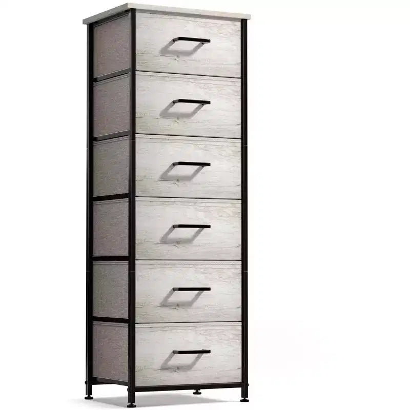 Comodino stretto a 6 cassetti con telaio in acciaio, piano in legno e contenitori in tessuto – Disponibile in vari colori