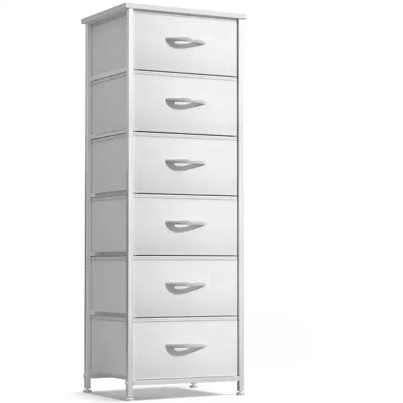 Comodino stretto a 6 cassetti con telaio in acciaio, piano in legno e contenitori in tessuto – Disponibile in vari colori