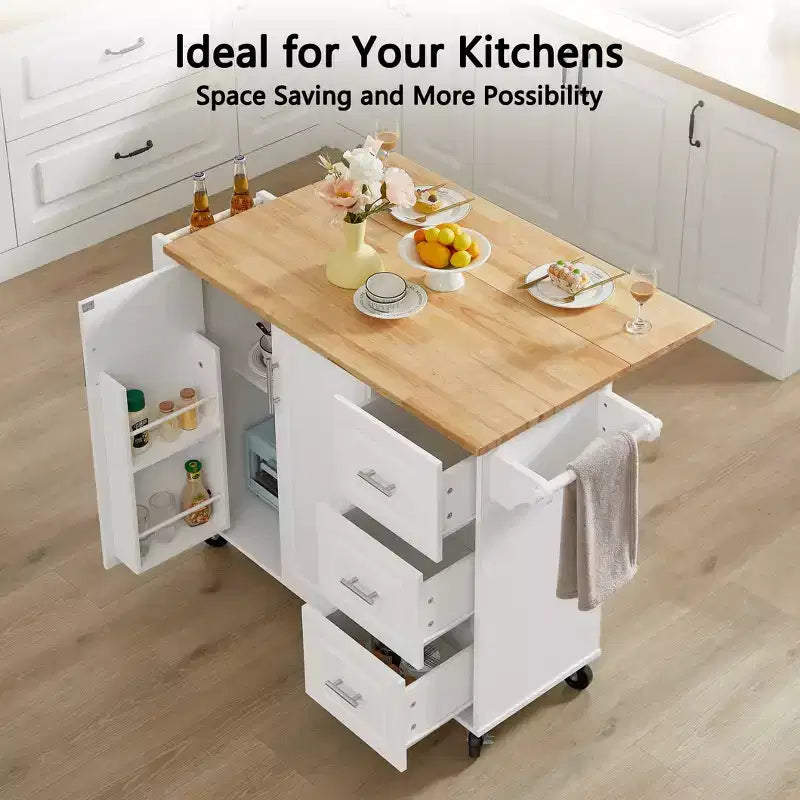 Isola da cucina moderna con isola su ruote a ribalta e 3 cassetti, mobile contenitore e portatorre