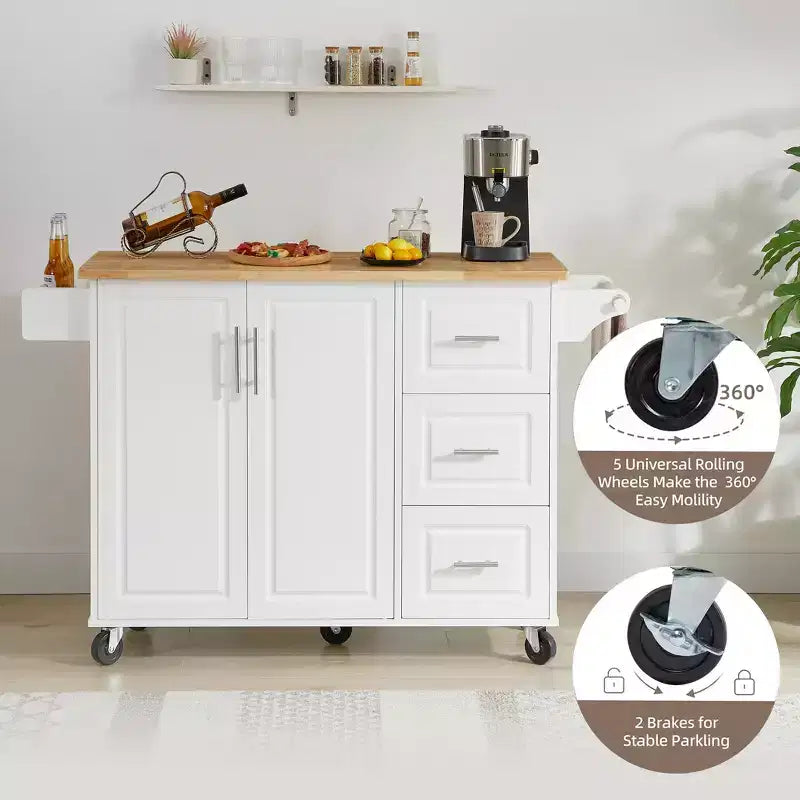 Isola da cucina moderna con isola su ruote a ribalta e 3 cassetti, mobile contenitore e portatorre