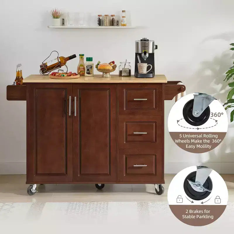 Isola da cucina moderna con isola su ruote a ribalta e 3 cassetti, mobile contenitore e portatorre