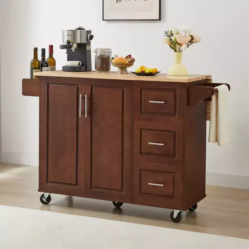 Isola da cucina moderna con isola su ruote a ribalta e 3 cassetti, mobile contenitore e portatorre