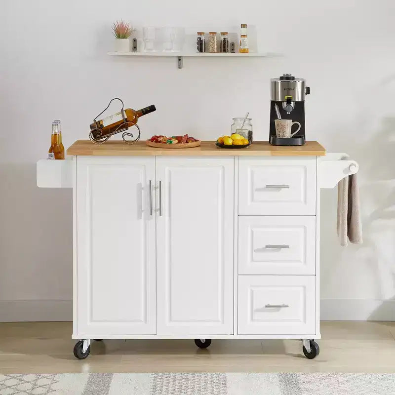 Isola da cucina moderna con isola su ruote a ribalta e 3 cassetti, mobile contenitore e portatorre