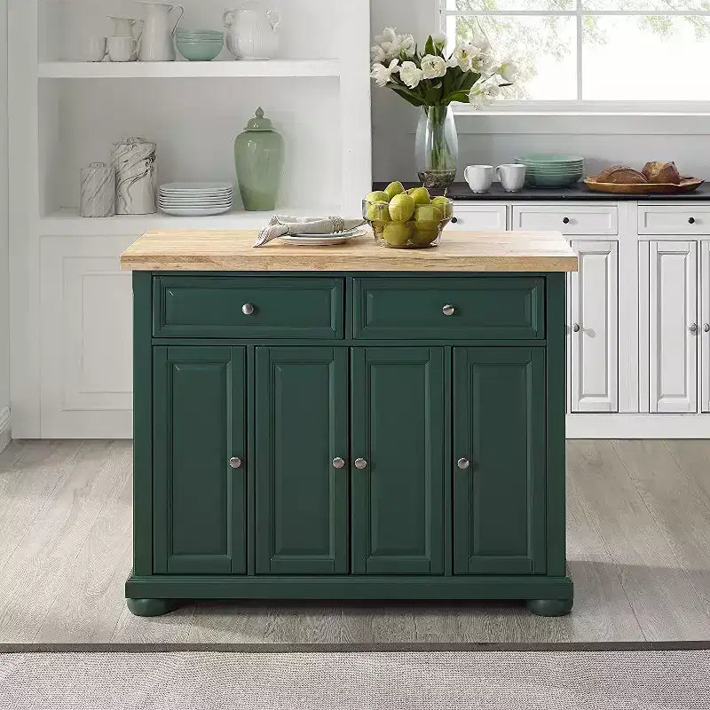 Carrello da Cucina in Legno Verde Smeraldo con 3 Ante e 3 Ripiani, Montaggio da 1 Persona