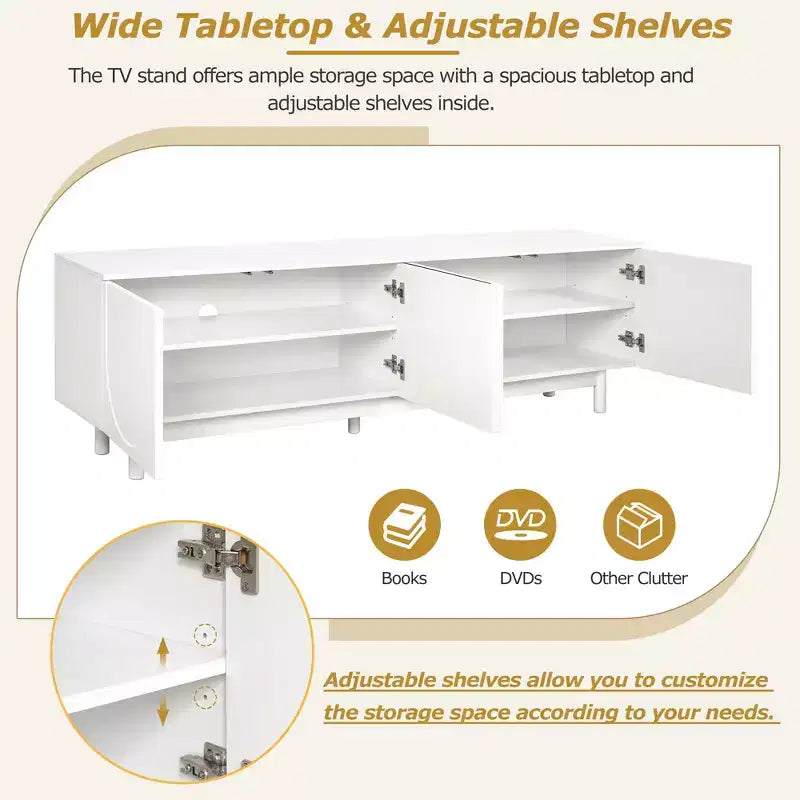 Mobile TV ottimizzato con anta ad arco per TV fino a 78'', mobile porta TV moderno con gambe in legno massiccio, console multimediale