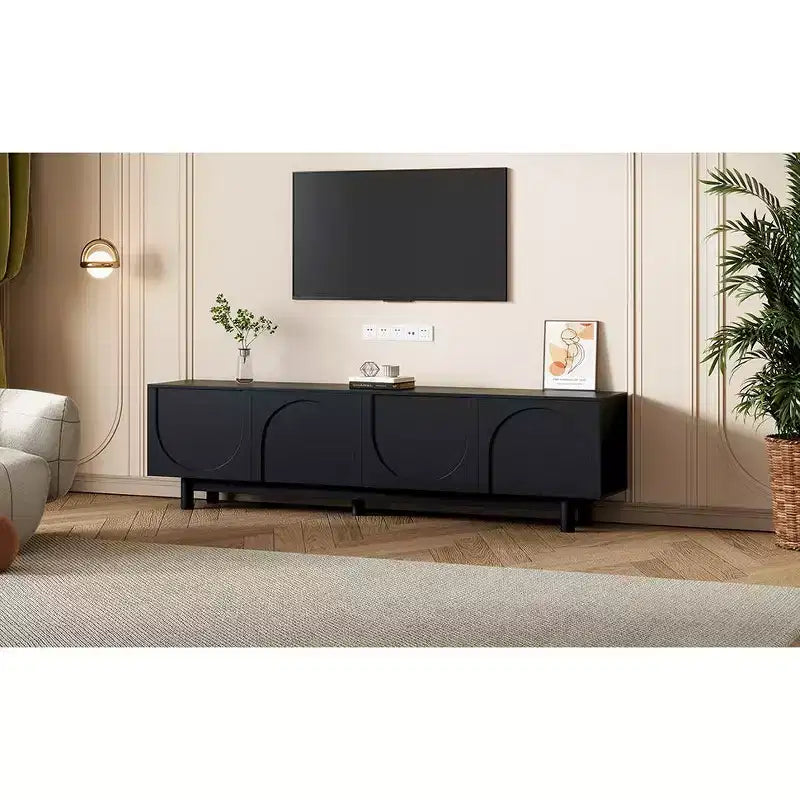 Mobile TV ottimizzato con anta ad arco per TV fino a 78'', mobile porta TV moderno con gambe in legno massiccio, console multimediale