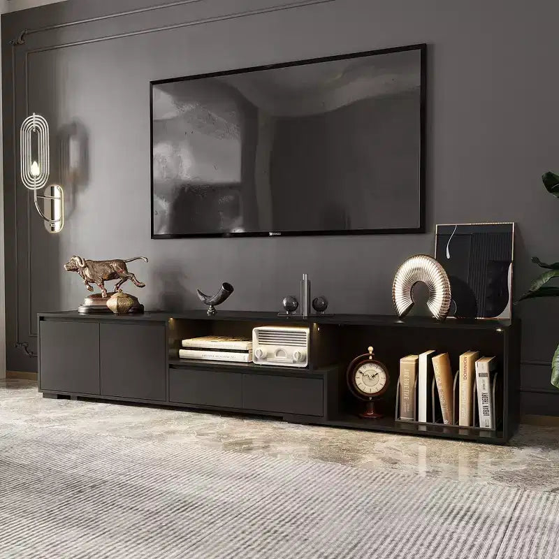 Mobile TV nero allungabile con luci LED RGB, 2 ante e 2 cassetti (adatto per TV da 55" a 80", montaggio a 1 persona)