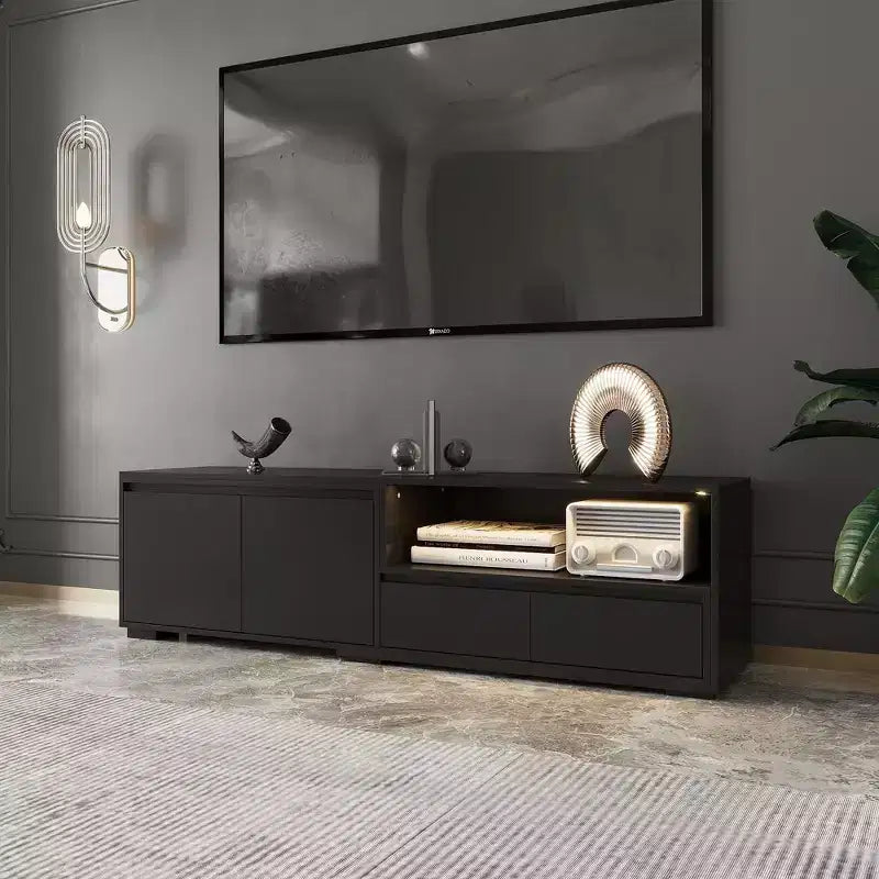 Mobile TV nero allungabile con luci LED RGB, 2 ante e 2 cassetti (adatto per TV da 55" a 80", montaggio a 1 persona)