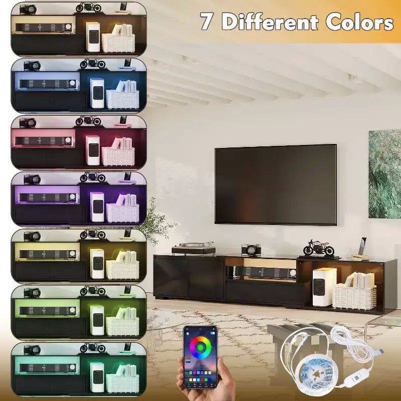 Mobile TV nero allungabile con luci LED RGB, 2 ante e 2 cassetti (adatto per TV da 55" a 80", montaggio a 1 persona)