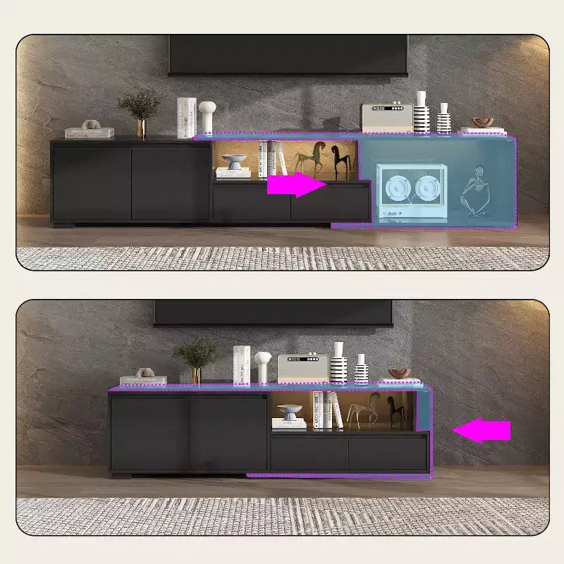 Mobile TV nero allungabile con luci LED RGB, 2 ante e 2 cassetti (adatto per TV da 55" a 80", montaggio a 1 persona)