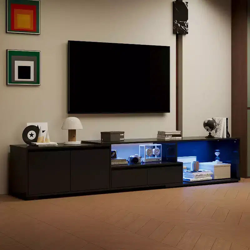 Mobile TV nero allungabile con luci LED RGB, 2 ante e 2 cassetti (adatto per TV da 55" a 80", montaggio a 1 persona)