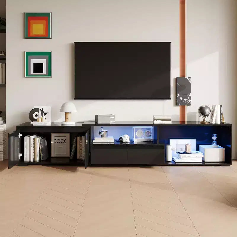 Mobile TV nero allungabile con luci LED RGB, 2 ante e 2 cassetti (adatto per TV da 55" a 80", montaggio a 1 persona)