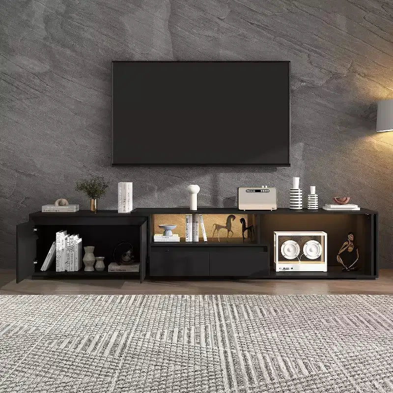 Mobile TV nero allungabile con luci LED RGB, 2 ante e 2 cassetti (adatto per TV da 55" a 80", montaggio a 1 persona)