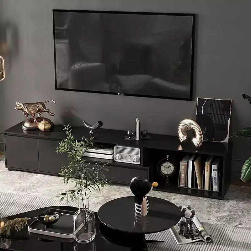 Mobile TV nero allungabile con luci LED RGB, 2 ante e 2 cassetti (adatto per TV da 55" a 80", montaggio a 1 persona)
