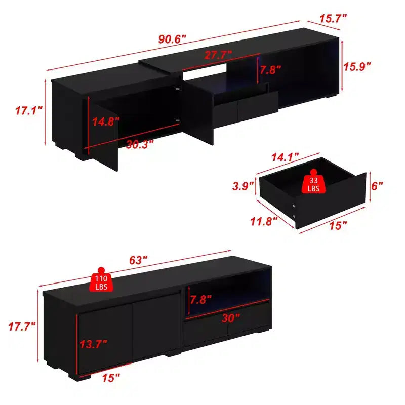 Mobile TV nero allungabile con luci LED RGB, 2 ante e 2 cassetti (adatto per TV da 55" a 80", montaggio a 1 persona)
