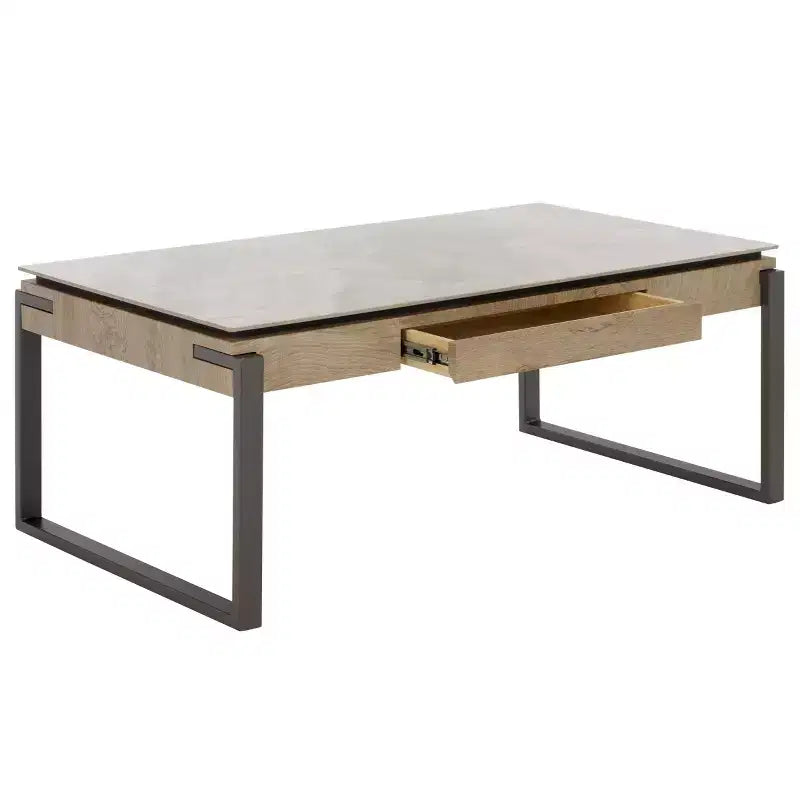 Tavolino rettangolare con cassetto, piano in pietra (Nero/Marrone/Grigio)