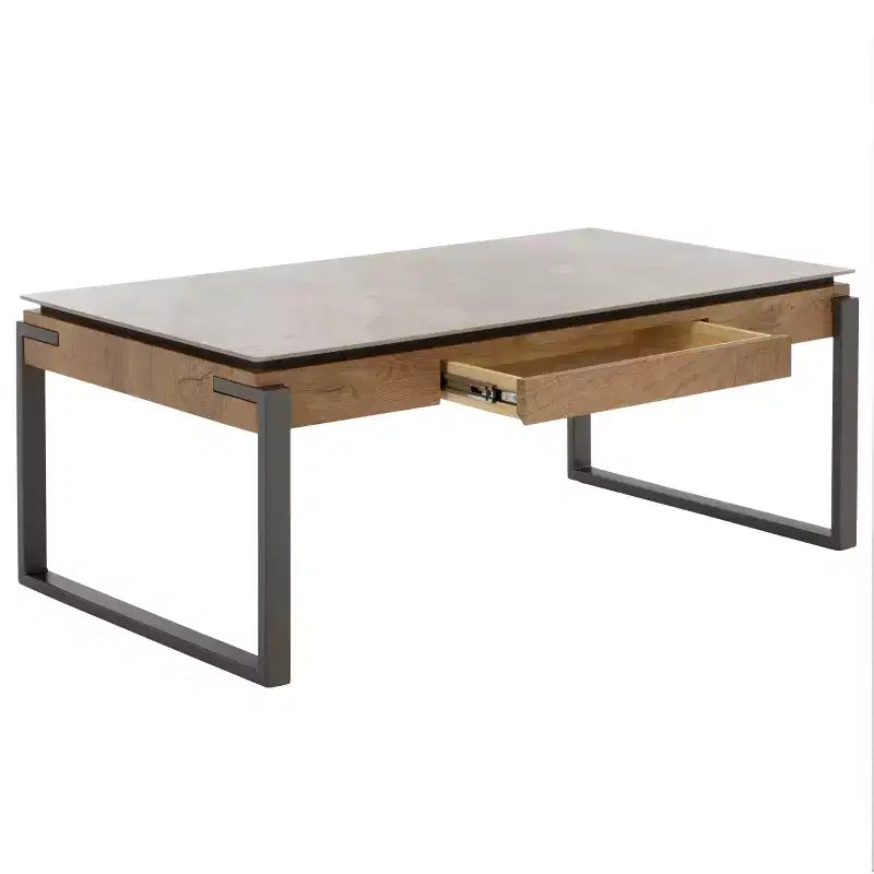 Tavolino rettangolare con cassetto, piano in pietra (Nero/Marrone/Grigio)