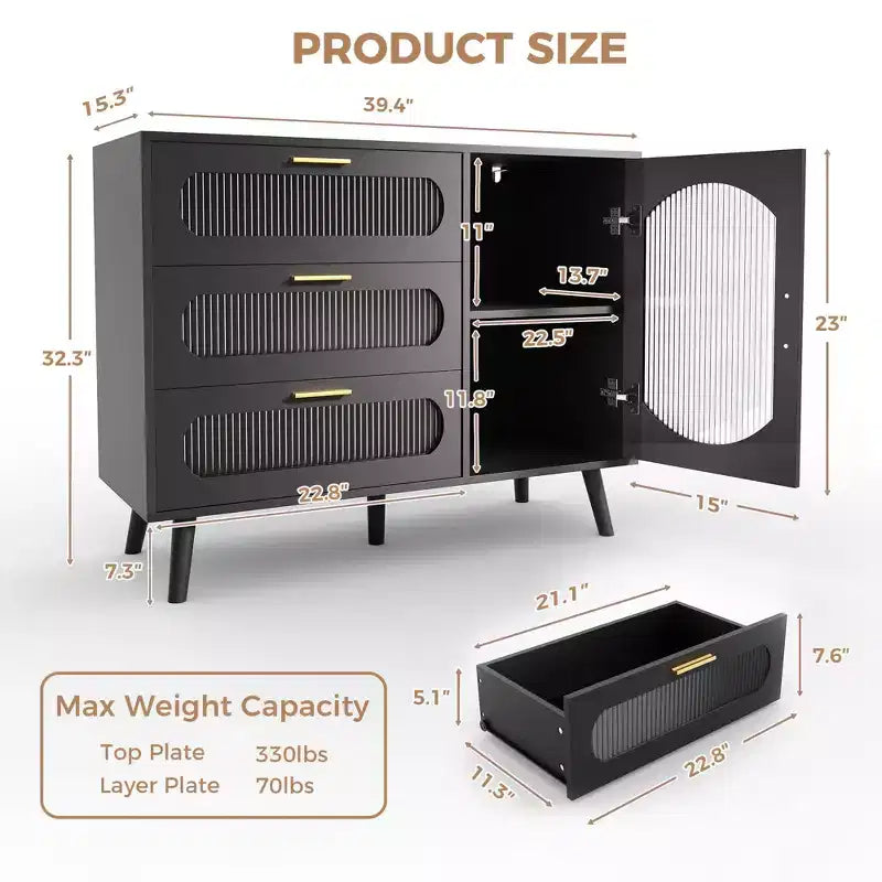 Mobile buffet moderno nero con ante in vetro scanalato e cassetti, 1 posto a sedere
