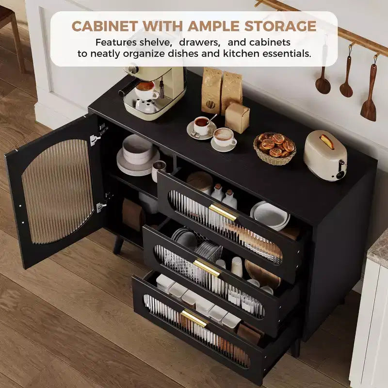 Mobile buffet moderno nero con ante in vetro scanalato e cassetti, 1 posto a sedere