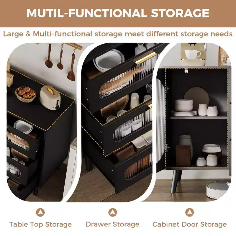 Mobile buffet moderno nero con ante in vetro scanalato e cassetti, 1 posto a sedere