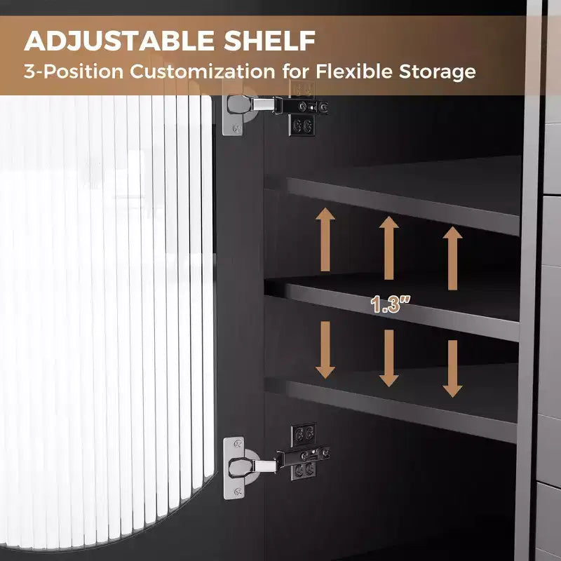 Mobile buffet moderno nero con ante in vetro scanalato e cassetti, 1 posto a sedere