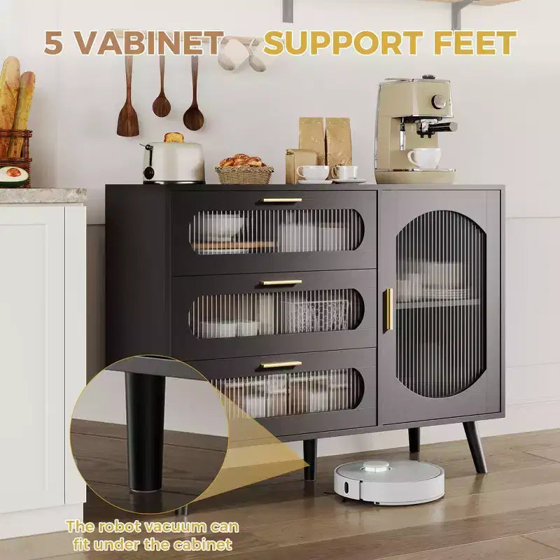 Mobile buffet moderno nero con ante in vetro scanalato e cassetti, 1 posto a sedere