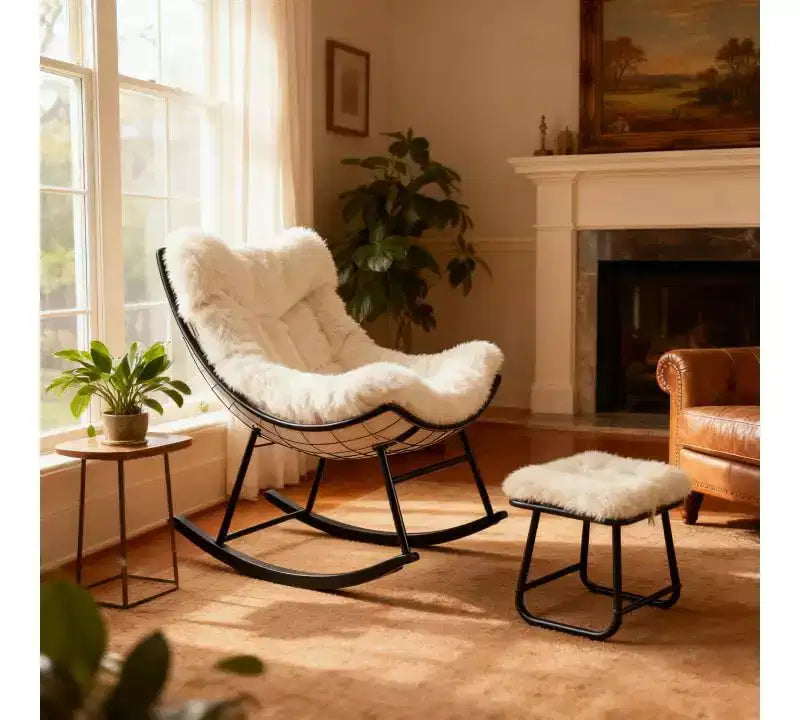 Poltrona dondolo Papasan beige con poggiapiedi, 2 posti