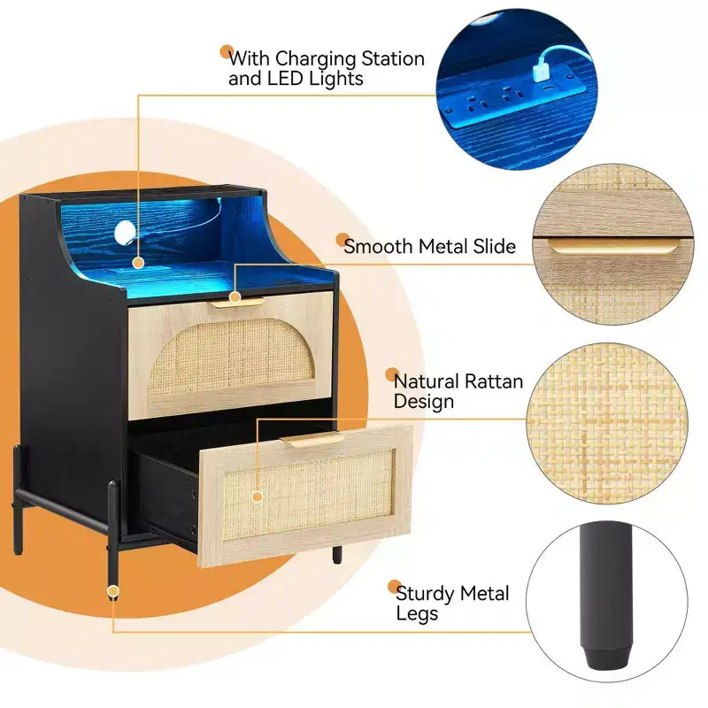 Comodino nero in legno e rattan con stazione di ricarica e luci a LED, confezione da 2 pezzi
