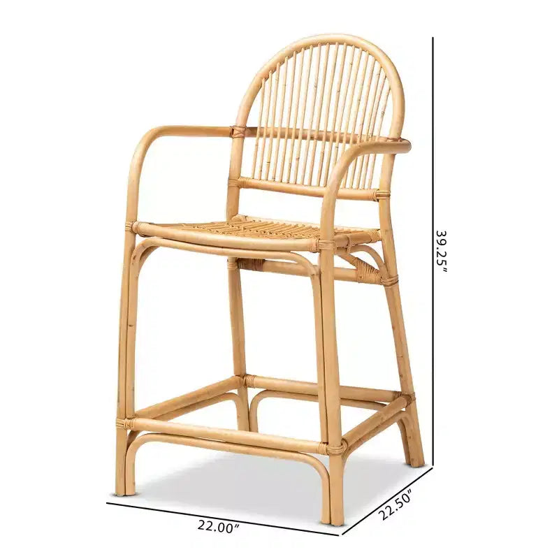 Sgabello da bancone in rattan marrone naturale con braccioli, 1 posto